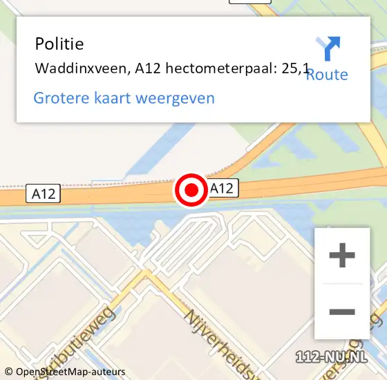 Locatie op kaart van de 112 melding: Politie Waddinxveen, A12 hectometerpaal: 25,1 op 26 september 2021 10:30