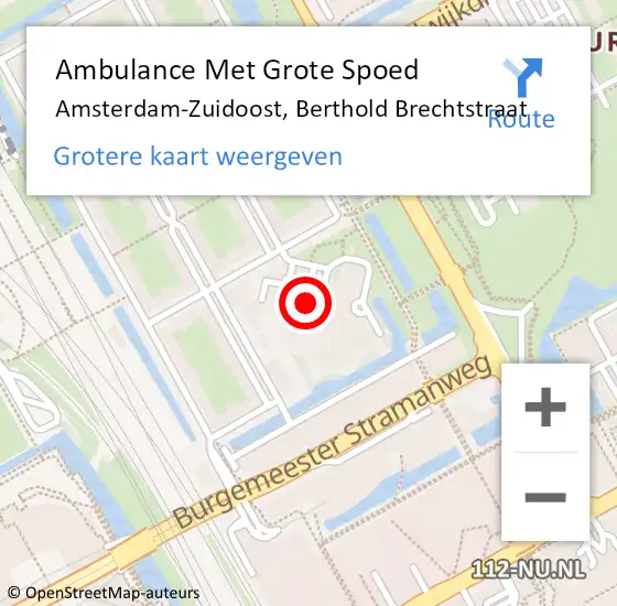 Locatie op kaart van de 112 melding: Ambulance Met Grote Spoed Naar Amsterdam-Zuidoost, Berthold Brechtstraat op 26 september 2021 10:45