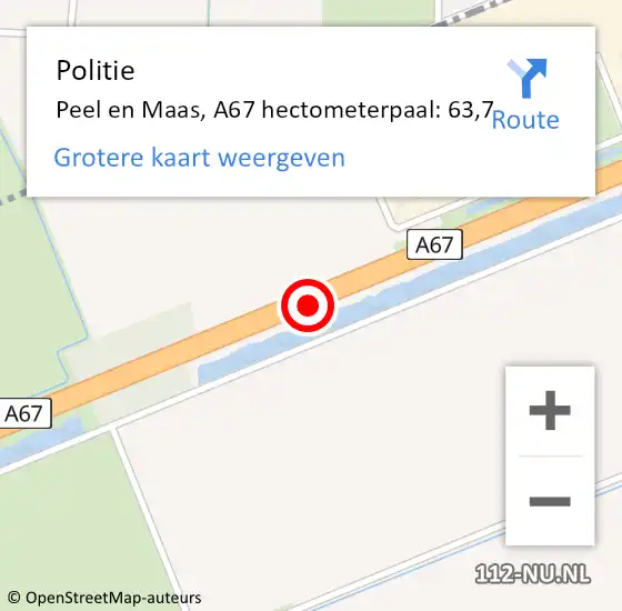 Locatie op kaart van de 112 melding: Politie Peel en Maas, A67 hectometerpaal: 63,7 op 26 september 2021 11:02