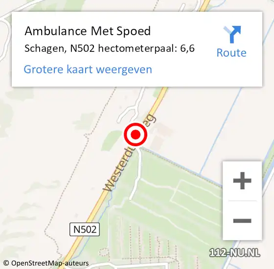 Locatie op kaart van de 112 melding: Ambulance Met Spoed Naar Schagen, N502 hectometerpaal: 6,6 op 26 september 2021 11:09