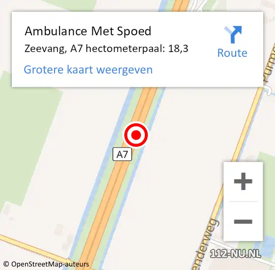 Locatie op kaart van de 112 melding: Ambulance Met Spoed Naar Zeevang, A7 hectometerpaal: 18,3 op 26 september 2021 11:19
