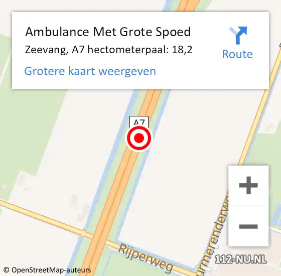 Locatie op kaart van de 112 melding: Ambulance Met Grote Spoed Naar Zeevang, A7 hectometerpaal: 18,2 op 26 september 2021 11:24