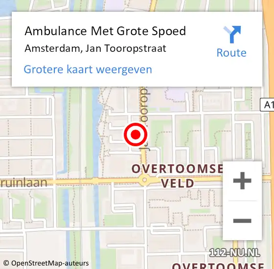 Locatie op kaart van de 112 melding: Ambulance Met Grote Spoed Naar Amsterdam, Jan Tooropstraat op 26 september 2021 11:39