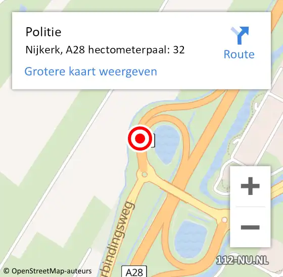 Locatie op kaart van de 112 melding: Politie Nijkerk, A28 hectometerpaal: 32 op 26 september 2021 12:19