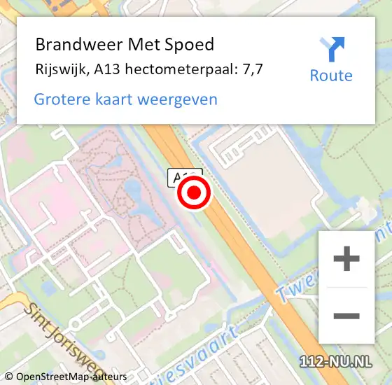 Locatie op kaart van de 112 melding: Brandweer Met Spoed Naar Rijswijk, A13 hectometerpaal: 7,7 op 26 september 2021 12:23