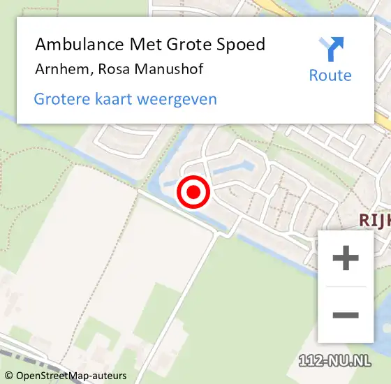 Locatie op kaart van de 112 melding: Ambulance Met Grote Spoed Naar Arnhem, Rosa Manushof op 26 september 2021 12:42