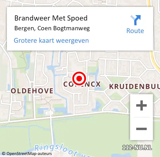 Locatie op kaart van de 112 melding: Brandweer Met Spoed Naar Bergen, Coen Bogtmanweg op 26 september 2021 13:29