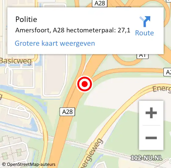 Locatie op kaart van de 112 melding: Politie Amersfoort, A28 hectometerpaal: 27,1 op 26 september 2021 14:39