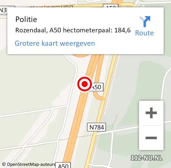 Locatie op kaart van de 112 melding: Politie Rozendaal, A50 hectometerpaal: 184,6 op 26 september 2021 15:04