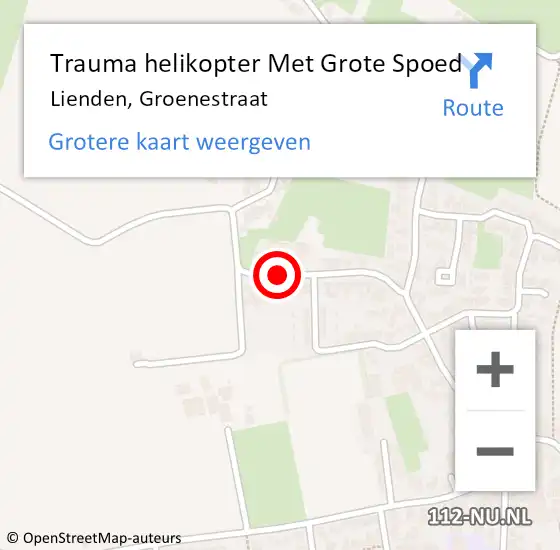 Locatie op kaart van de 112 melding: Trauma helikopter Met Grote Spoed Naar Lienden, Groenestraat op 26 september 2021 15:17