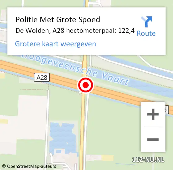 Locatie op kaart van de 112 melding: Politie Met Grote Spoed Naar De Wolden, A28 hectometerpaal: 122,4 op 26 september 2021 16:18