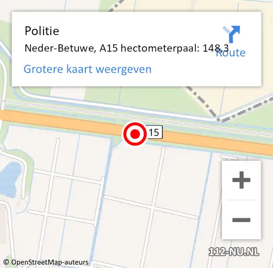 Locatie op kaart van de 112 melding: Politie Neder-Betuwe, A15 hectometerpaal: 148,3 op 26 september 2021 17:06