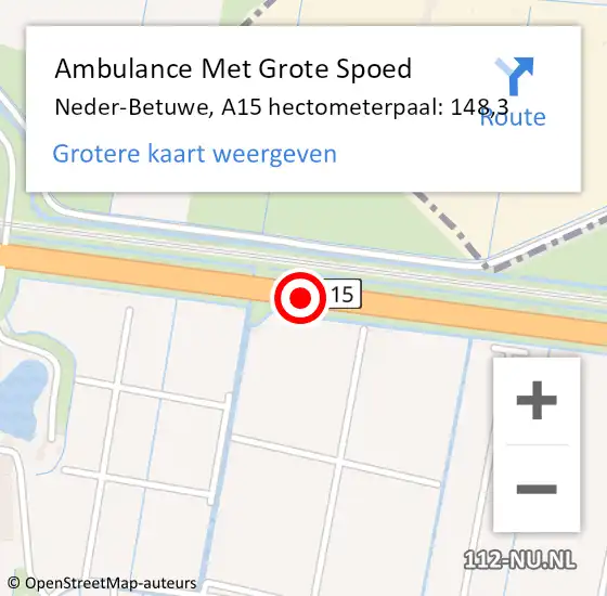 Locatie op kaart van de 112 melding: Ambulance Met Grote Spoed Naar Neder-Betuwe, A15 hectometerpaal: 148,3 op 26 september 2021 17:08