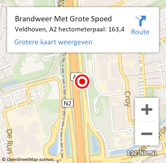 Locatie op kaart van de 112 melding: Brandweer Met Grote Spoed Naar Veldhoven, A2 hectometerpaal: 163,4 op 26 september 2021 19:39