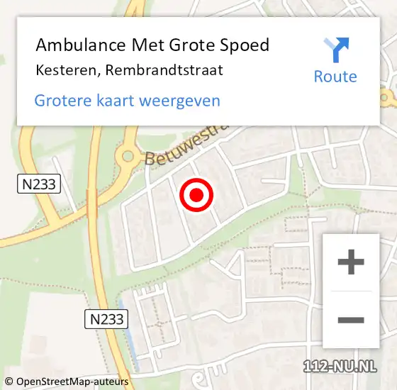 Locatie op kaart van de 112 melding: Ambulance Met Grote Spoed Naar Kesteren, Rembrandtstraat op 26 september 2021 19:58