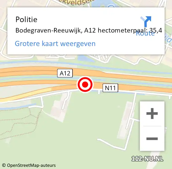 Locatie op kaart van de 112 melding: Politie Bodegraven-Reeuwijk, A12 hectometerpaal: 35,4 op 26 september 2021 21:02