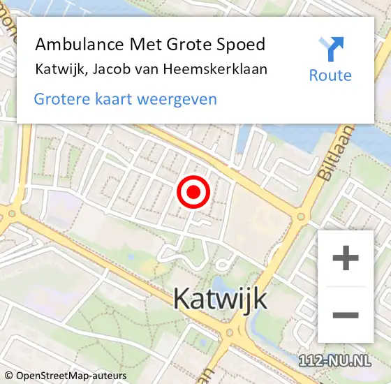 Locatie op kaart van de 112 melding: Ambulance Met Grote Spoed Naar Katwijk, Jacob van Heemskerklaan op 27 september 2021 05:21