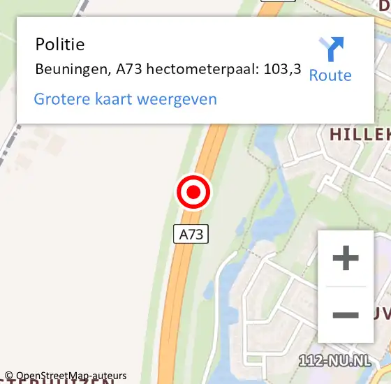 Locatie op kaart van de 112 melding: Politie Beuningen, A73 hectometerpaal: 103,3 op 27 september 2021 07:03