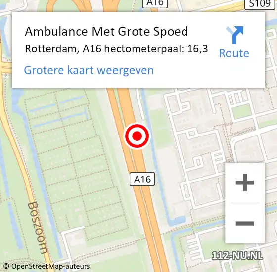 Locatie op kaart van de 112 melding: Ambulance Met Grote Spoed Naar Rotterdam, A16 hectometerpaal: 16,3 op 27 september 2021 07:59