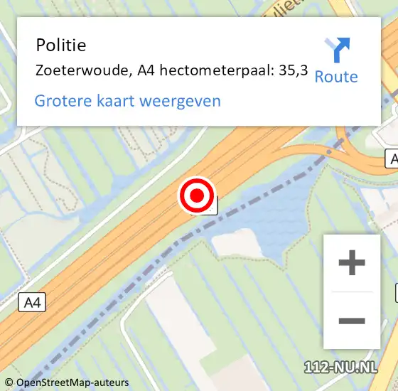 Locatie op kaart van de 112 melding: Politie Zoeterwoude, A4 hectometerpaal: 35,3 op 27 september 2021 08:48