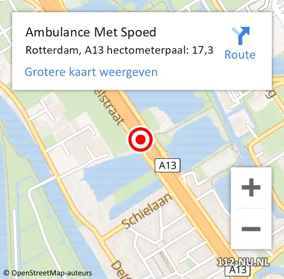 Locatie op kaart van de 112 melding: Ambulance Met Spoed Naar Rotterdam, A13 hectometerpaal: 17,3 op 27 september 2021 09:17
