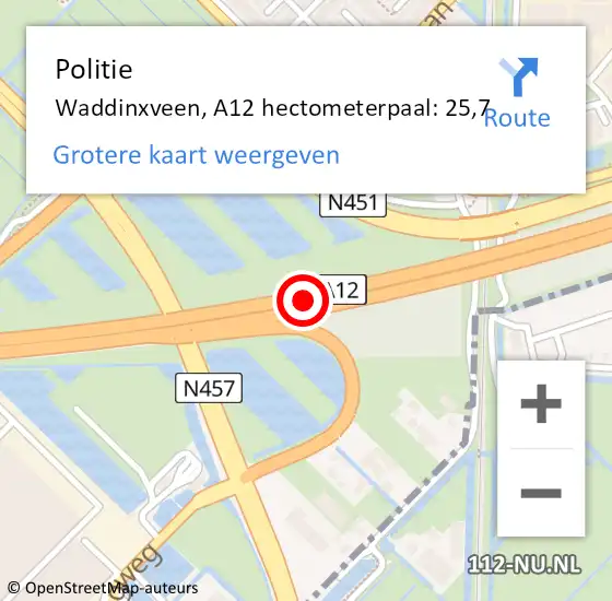 Locatie op kaart van de 112 melding: Politie Waddinxveen, A12 hectometerpaal: 25,7 op 27 september 2021 10:37