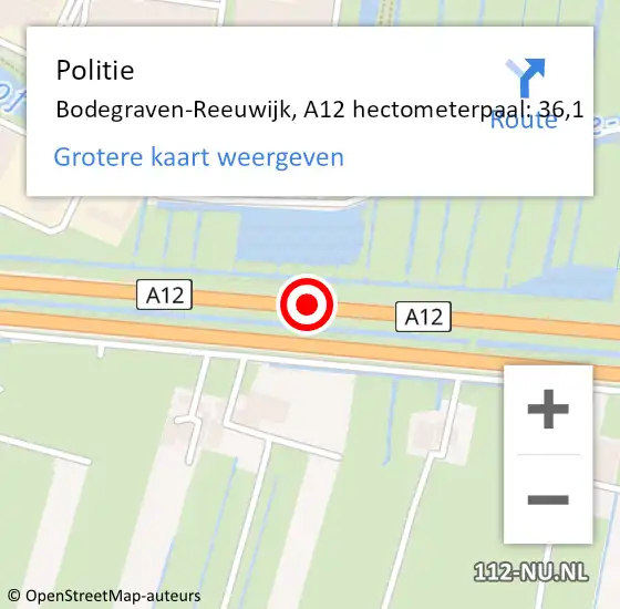 Locatie op kaart van de 112 melding: Politie Bodegraven-Reeuwijk, A12 hectometerpaal: 36,1 op 27 september 2021 11:24