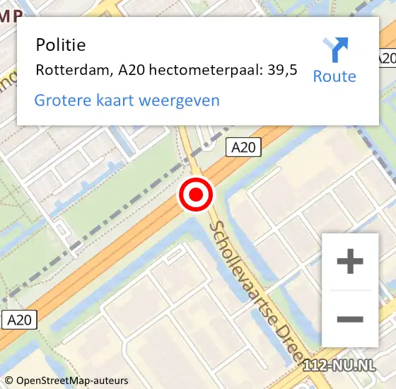 Locatie op kaart van de 112 melding: Politie Rotterdam, A20 hectometerpaal: 39,5 op 27 september 2021 14:13