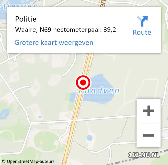 Locatie op kaart van de 112 melding: Politie Waalre, N69 hectometerpaal: 39,2 op 27 september 2021 15:01