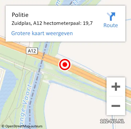 Locatie op kaart van de 112 melding: Politie Zuidplas, A12 hectometerpaal: 19,7 op 27 september 2021 15:33