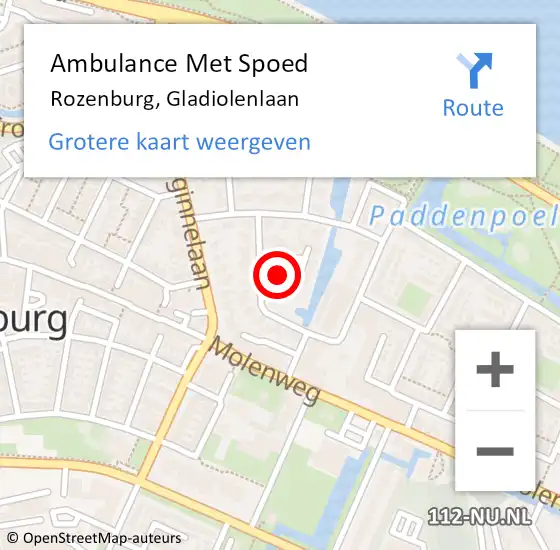 Locatie op kaart van de 112 melding: Ambulance Met Spoed Naar Rozenburg, Gladiolenlaan op 27 september 2021 16:18