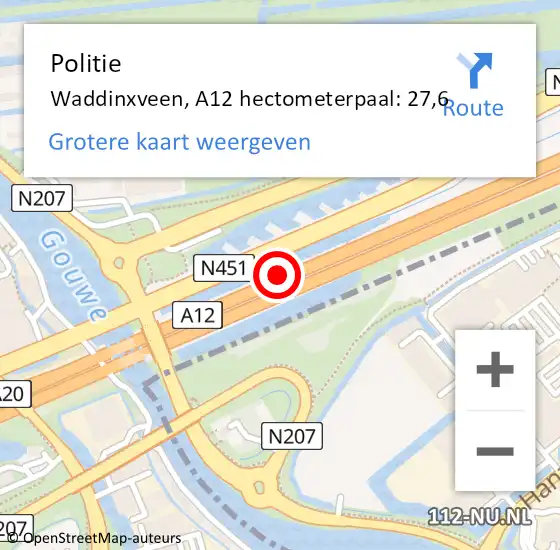 Locatie op kaart van de 112 melding: Politie Waddinxveen, A12 hectometerpaal: 27,6 op 27 september 2021 16:25