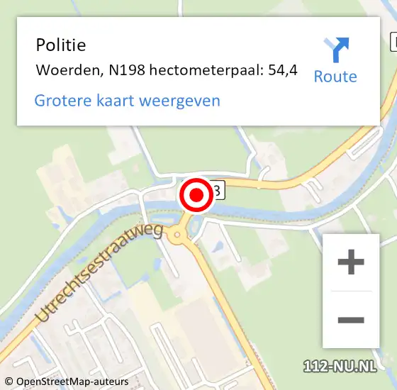 Locatie op kaart van de 112 melding: Politie Woerden, N198 hectometerpaal: 54,4 op 27 september 2021 16:39