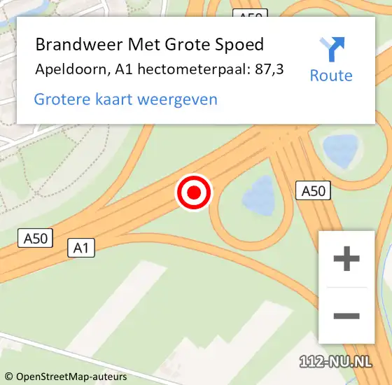 Locatie op kaart van de 112 melding: Brandweer Met Grote Spoed Naar Apeldoorn, A1 hectometerpaal: 87,3 op 27 september 2021 17:18