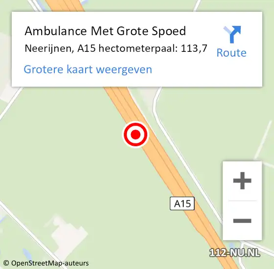 Locatie op kaart van de 112 melding: Ambulance Met Grote Spoed Naar Neerijnen, A15 hectometerpaal: 113,7 op 27 september 2021 17:36