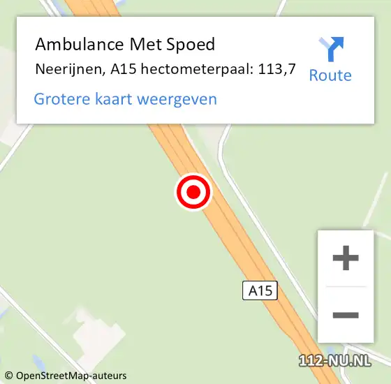 Locatie op kaart van de 112 melding: Ambulance Met Spoed Naar Neerijnen, A15 hectometerpaal: 113,7 op 27 september 2021 17:41