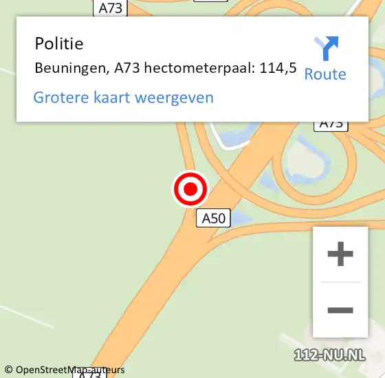 Locatie op kaart van de 112 melding: Politie Beuningen, A73 hectometerpaal: 114,5 op 27 september 2021 19:12