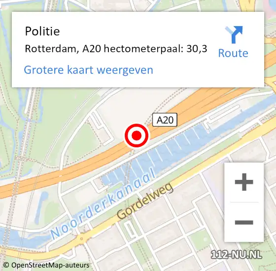 Locatie op kaart van de 112 melding: Politie Rotterdam, A20 hectometerpaal: 30,3 op 27 september 2021 20:38