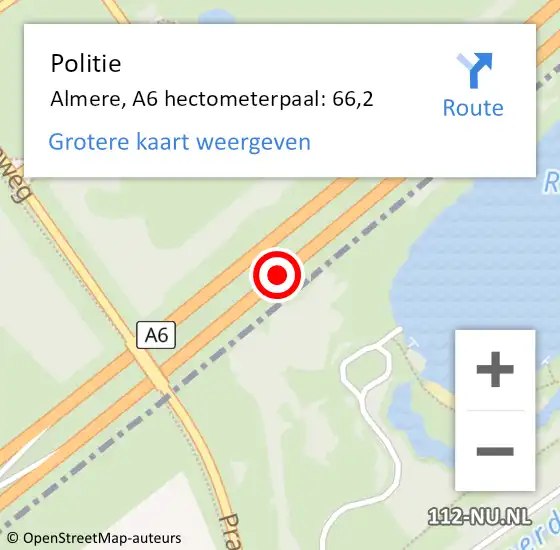 Locatie op kaart van de 112 melding: Politie Almere, A6 hectometerpaal: 66,2 op 27 september 2021 23:38