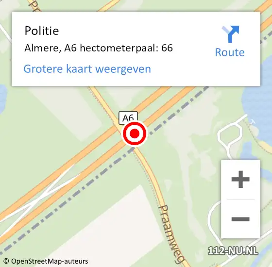 Locatie op kaart van de 112 melding: Politie Almere, A6 hectometerpaal: 66 op 27 september 2021 23:39