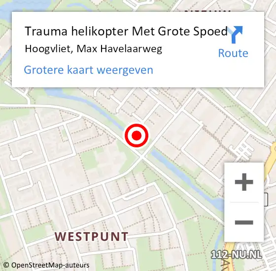 Locatie op kaart van de 112 melding: Trauma helikopter Met Grote Spoed Naar Hoogvliet, Max Havelaarweg op 27 september 2021 23:47