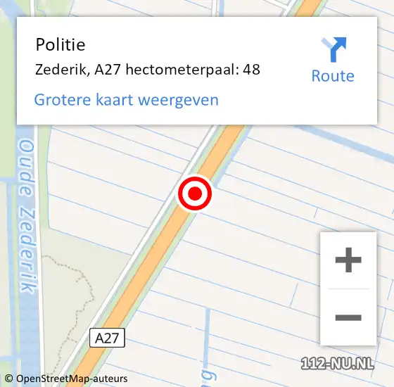 Locatie op kaart van de 112 melding: Politie Zederik, A27 hectometerpaal: 48 op 28 september 2021 06:59