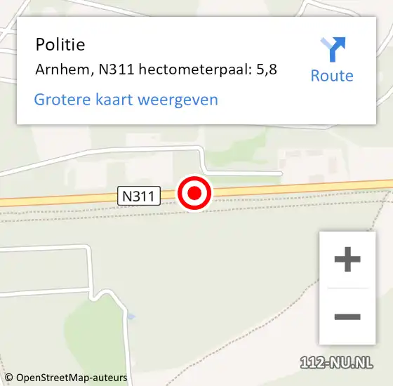 Locatie op kaart van de 112 melding: Politie Arnhem, N311 hectometerpaal: 5,8 op 28 september 2021 07:06