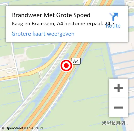 Locatie op kaart van de 112 melding: Brandweer Met Grote Spoed Naar Kaag en Braassem, A4 hectometerpaal: 24,7 op 28 september 2021 07:56