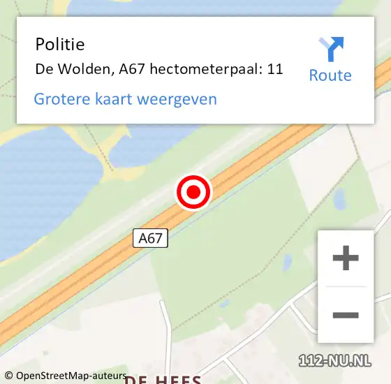 Locatie op kaart van de 112 melding: Politie De Wolden, A67 hectometerpaal: 11 op 28 september 2021 08:10