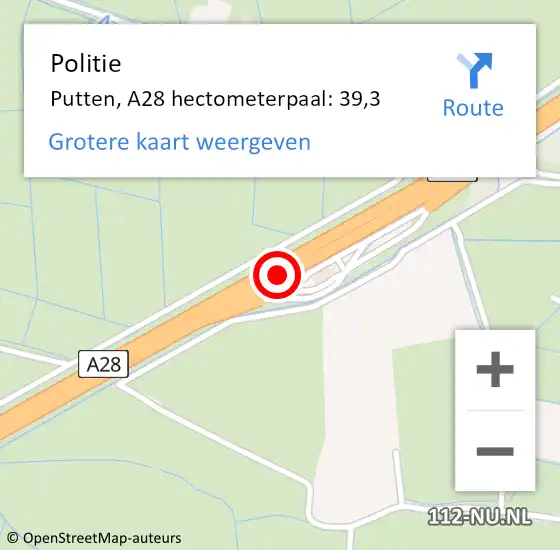 Locatie op kaart van de 112 melding: Politie Putten, A28 hectometerpaal: 39,3 op 28 september 2021 08:19