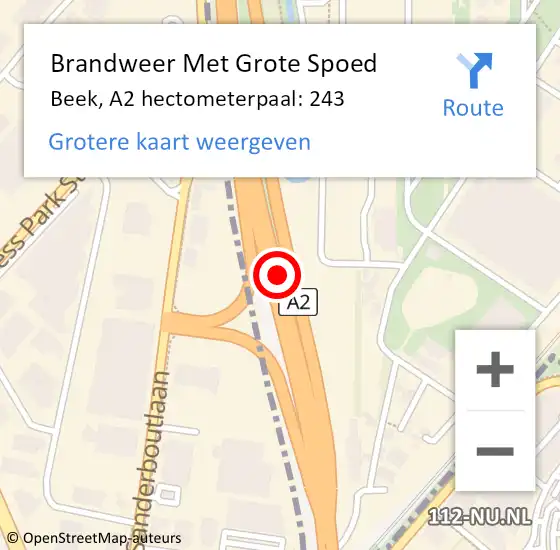 Locatie op kaart van de 112 melding: Brandweer Met Grote Spoed Naar Beek, A2 hectometerpaal: 243 op 28 september 2021 08:42