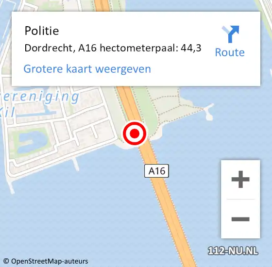 Locatie op kaart van de 112 melding: Politie Dordrecht, A16 hectometerpaal: 44,3 op 28 september 2021 08:55