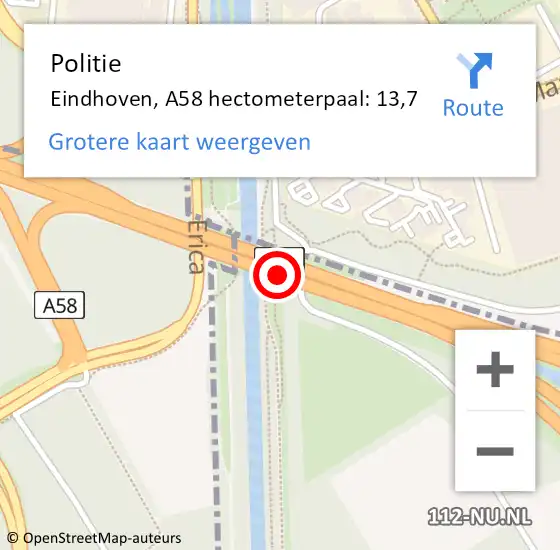 Locatie op kaart van de 112 melding: Politie Eindhoven, A58 hectometerpaal: 13,7 op 28 september 2021 09:32
