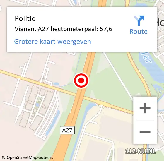 Locatie op kaart van de 112 melding: Politie Vianen, A27 hectometerpaal: 57,6 op 28 september 2021 12:58